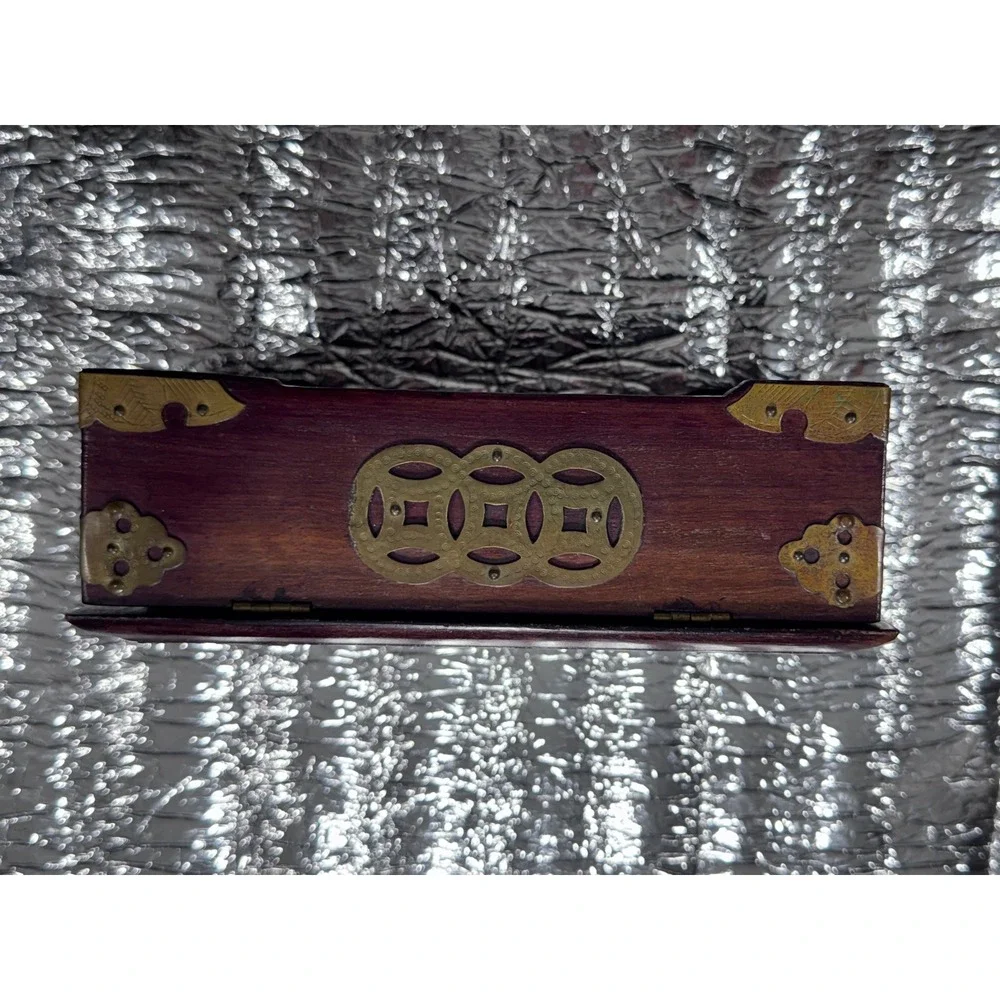 Vintage Chinese Rosewood Jewelry Box Carved Soapstone Inlay Brass Accents